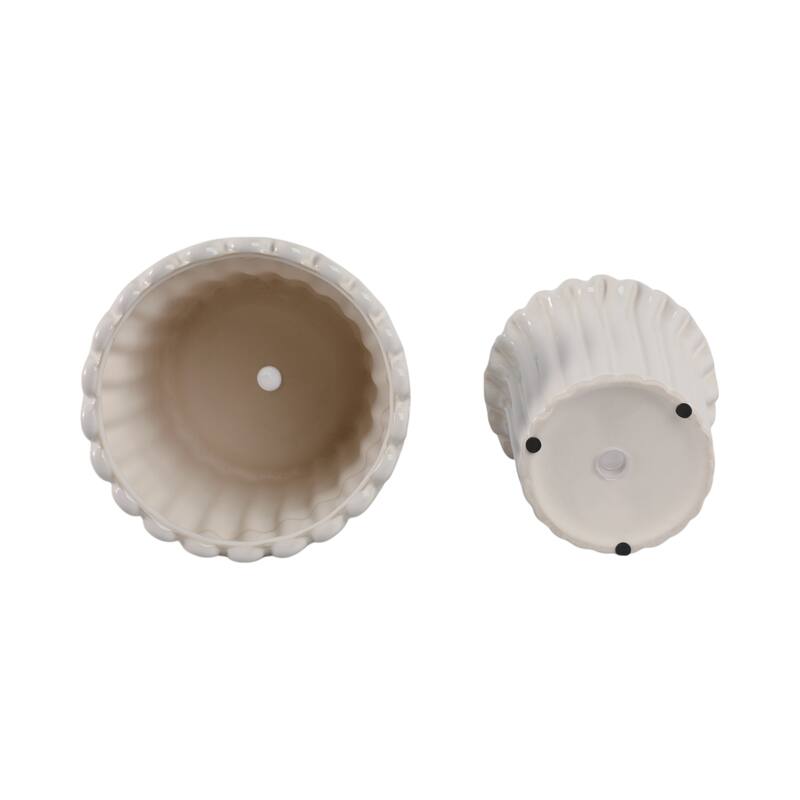 Stoneware Planter Sculpted Rim and Vertical Ridged Texture (Set of 2) - 8.5" x 8.5" x 8.75"