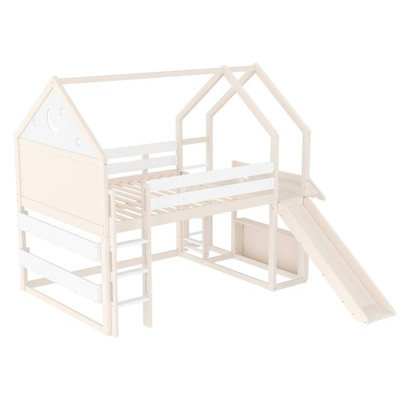 Full Size Loft Bed with Bookshelf, Playful Design for Kids, House-Shaped Structure with Slide High-Quality Safety Rails