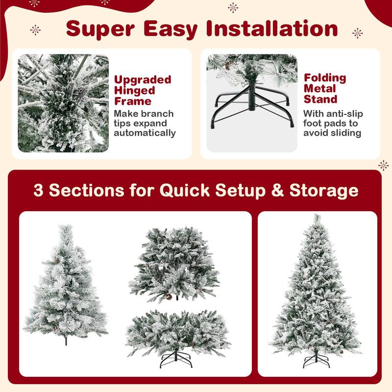 4.5 FT/6FT/7ft Pre-Lit Snow Flocked Christmas Tree Hinged Xmas Tree