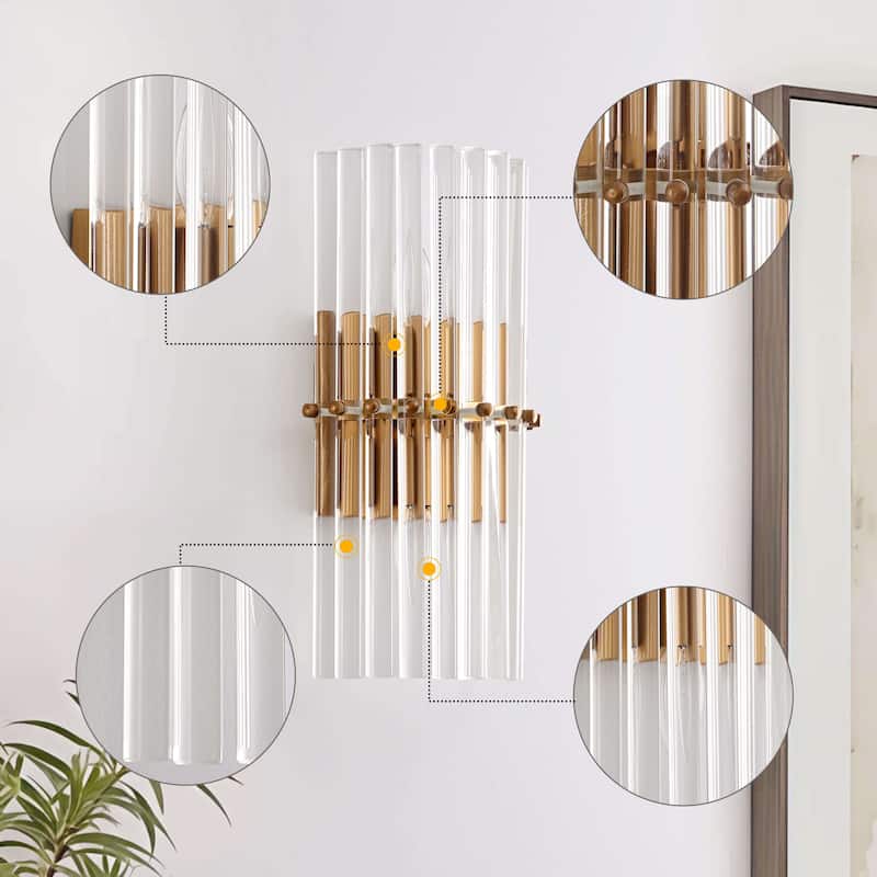 Casandra 2-Light Solid Crystal Glass Bars Mini Wall Sconce - Brushed Brass