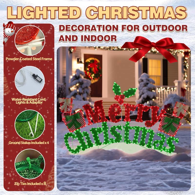 VEIKOUS 6FT Merry Christmas Sign with LED Lights, 2-in-1 Hanging or Freestanding Outdoor/Indoor LED Wall Sign Decor