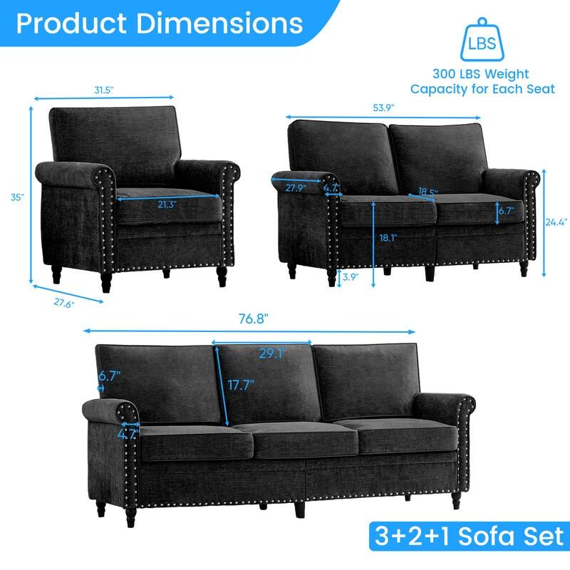Mixoy 3Piece Chenille Living Room Sofa Set,Modern 3-Seater Sofa Couch&Loveseat Sofa&Single Sofa Armchair Set,Unique Riveted Look