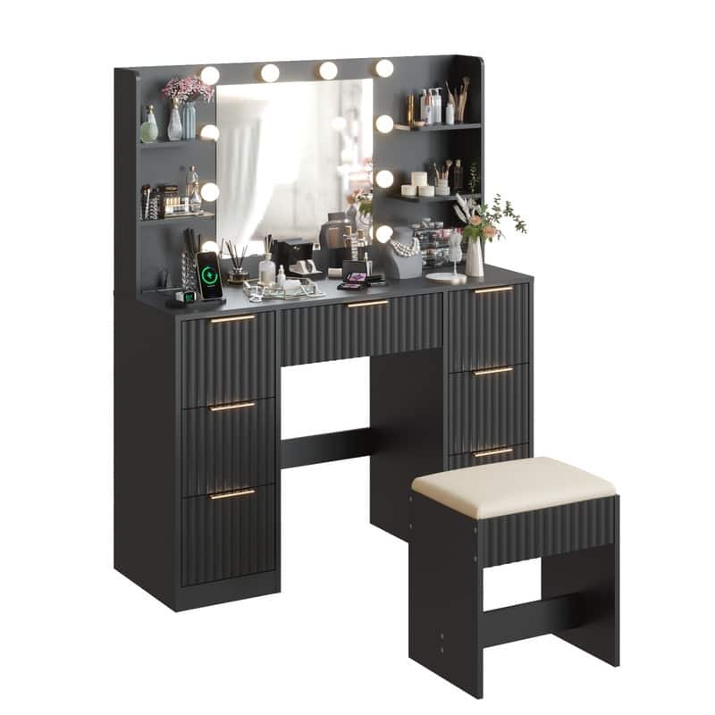 Particle Board Laminated with Textured Melamine, 7-Drawer 4-Tier Shelf, with 10 Three-Color Dimmable Bulbs, Dressing Table Set - Black
