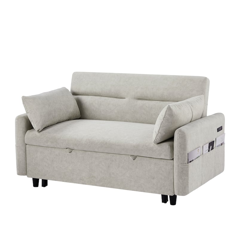 3-in-1 Pull Out Sofa Bed, Couch Bed with Adjsutable Back and Storage Pockets, 2 Seater Sofa with 2 Soft Pillows and USB Ports