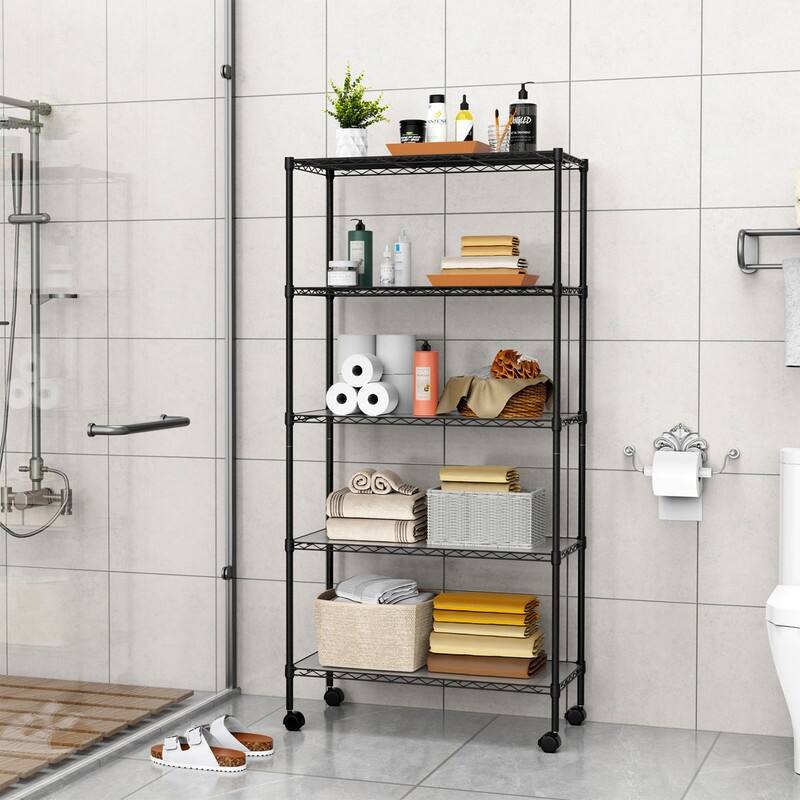 3/5/6-Tier Adjustable Heavy Duty Wire Shelving Unit with Wheels, Chrome/Black/White