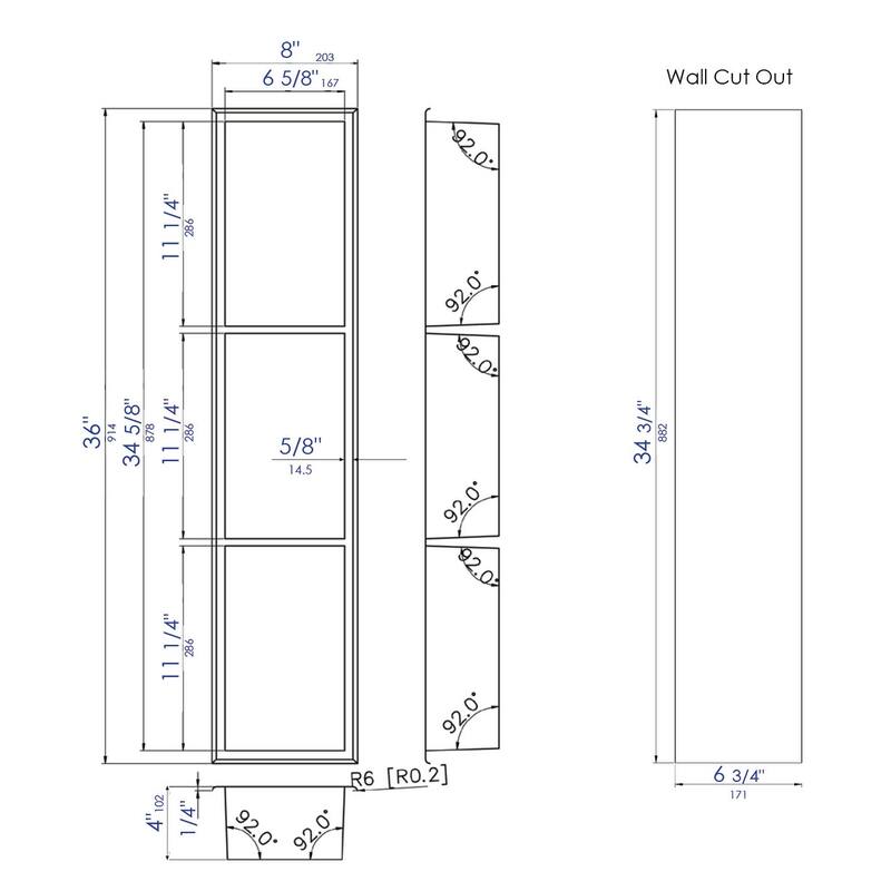 ALFI brand 8" x 36" Brushed Copper PVD Stainless Steel Vertical Triple Shelf Shower Niche - Mahogany