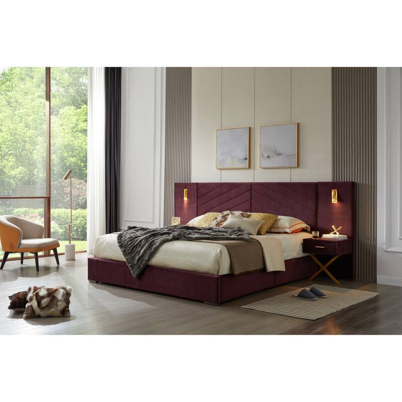 Royal Blue Velvet Bed Frame Vertical Channel Tufted Wingback Headboard Upholstered Platform Bed Wooden Slats