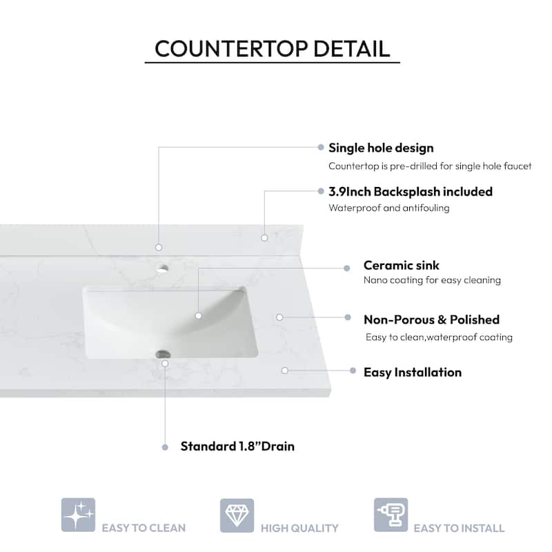 Malaga Composite Stone Vanity Top with White Rectangular Sink