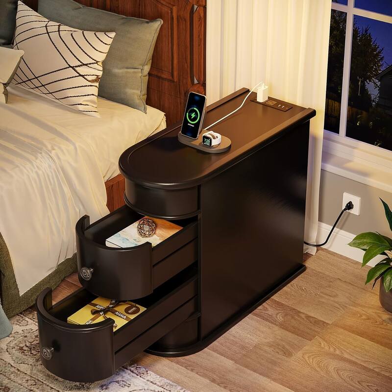 Solid Wood End Table, Two-Drawer Narrow Side Table, Fully Assembled