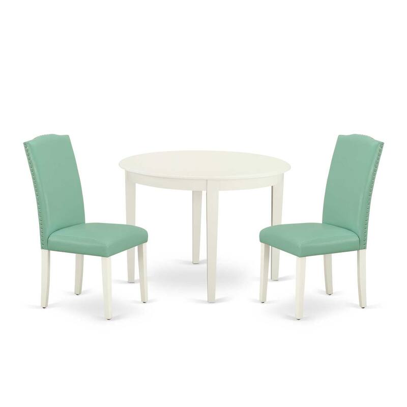 Round Dining Table Set 3pc French Country Kitchen Table & Chairs Linen White Legs Pond PU Leather