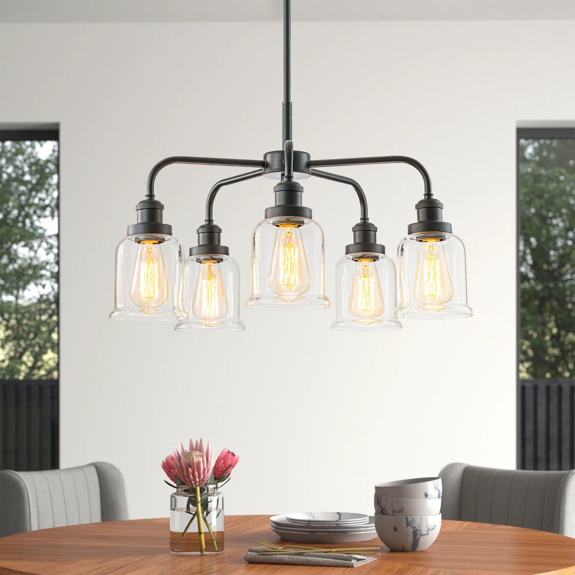 Rennnsan 5-Light Mid-Century Modern Matte Black Linear Sputnik Clear Glass Chandelier - 22.05 in. W x 14.37 in. H