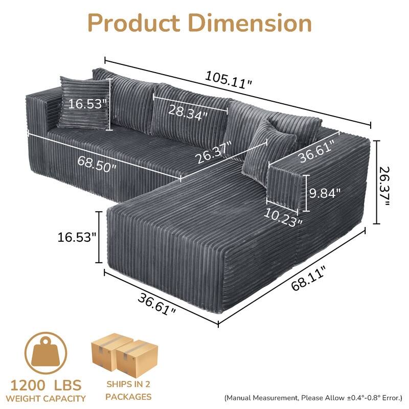 105 in. Wide Square Arm 2-Piece Modern Corduroy Fabric L-Shape Modular Sectional Sofa