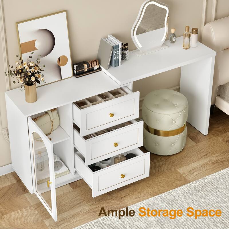 Extendable Makeup Vanity Desk with 3 Drawers & 1 Door