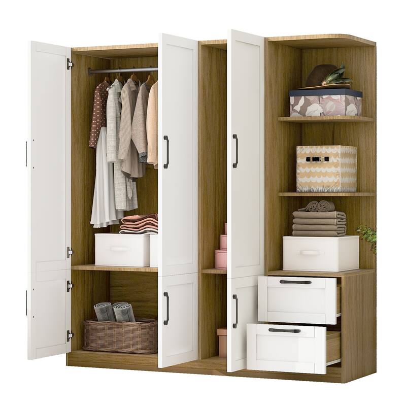 3 Doors Armoire Wardrobe Closet with 3 Side Shelves 2 Drawers, Wooden Bedroom Armoires with Hanging Rod for Bedroom