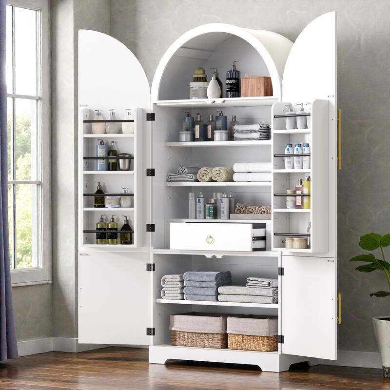 72" Tall Arched Pantry Cabinet with Fluted Doors, 8 Door Shelves, Hidden Drawer and Adjustable Shelves for Kitchen