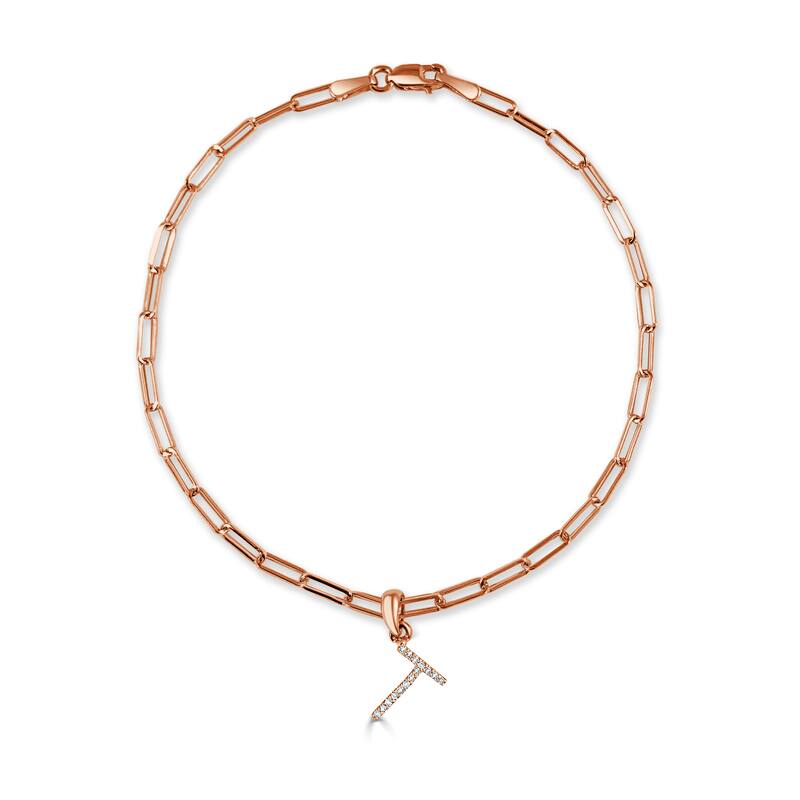 Joelle Collection Diamond Initial Letter A-Z Bracelet Paperclip 14K Gold 7" Chain 1/10 TDW Bracelet - T - Rose