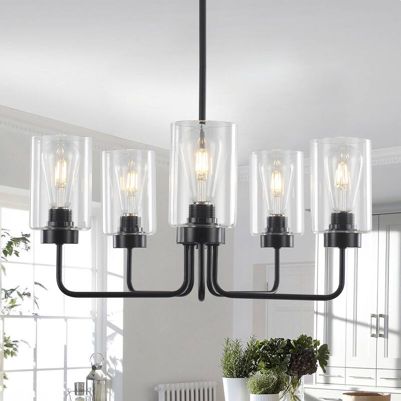 22" wide 5-light Glass Chandelier, Industrial Farmhouse Ceiling Light with Glass Lampshade for Living room, Dining room, Kitchen - Black