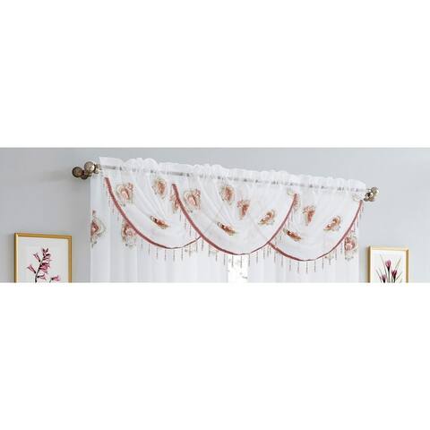 Lourdes Damask Embroidered Sheer Rod Pocket Waterfall Valance, 48x37 Inches - 48x37 Inches