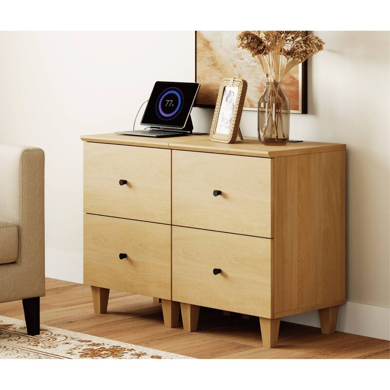 WAMPAT End Table with Charging Station and 2 Drawer for Living Room