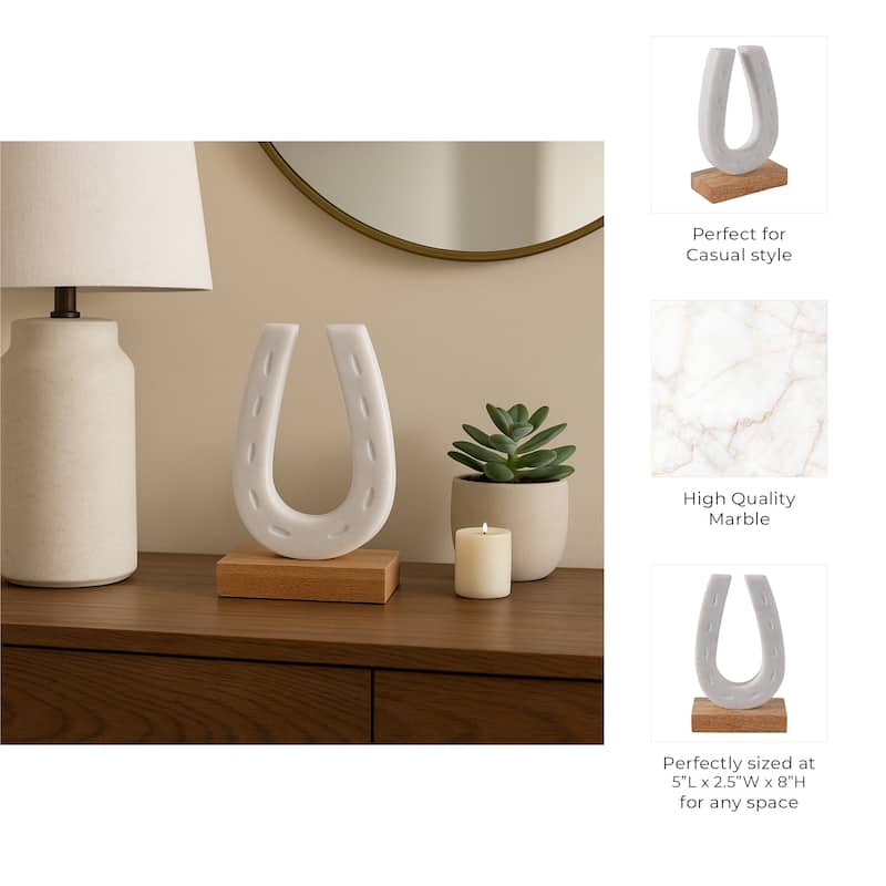 Marble Horseshoe Figurine with Wooden Base - 8", White & Brown - 8.25"
