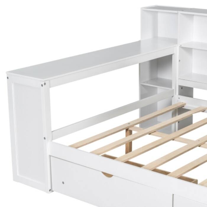 Wood Full/Twin Platform Bed with Storage - Features Shelves, Drawers, Charging Station and LED Desk