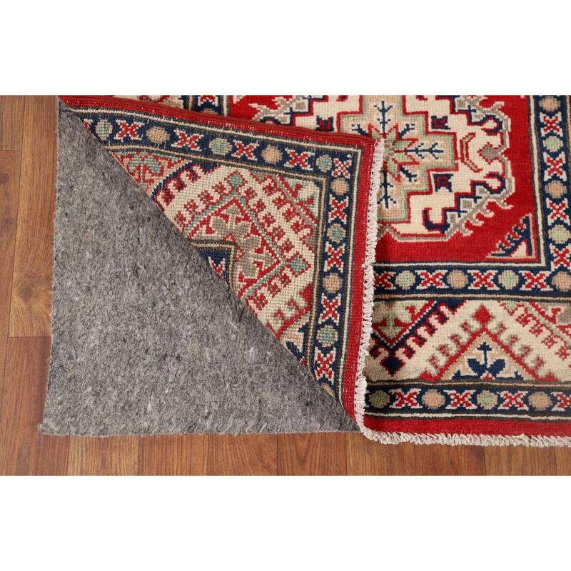 Red Geometric Kazak Oriental Runner Rug Hand-Knotted Wool Carpet - 2'8" x 9'4"