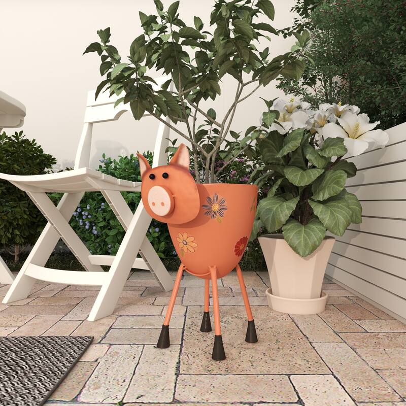 Pink Metal Pig Indoor Outdoor Planter with Floral Accents