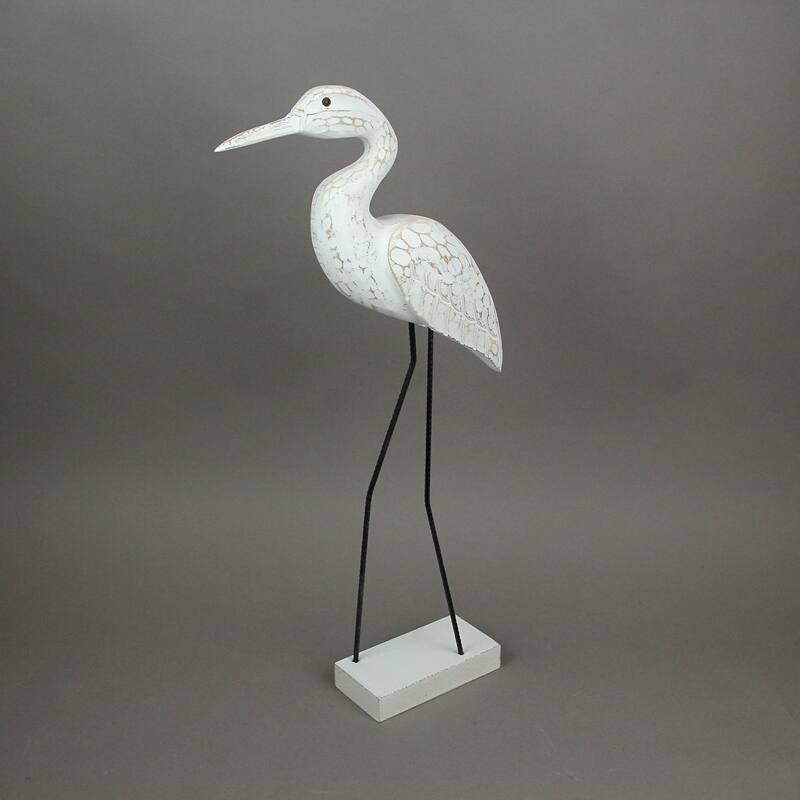 Carved Wood And Metal White Egret Bird Statue 21 Inches High - 21.25 X 9.25 X 2.75 inches