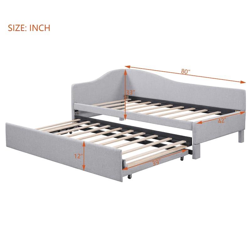 L-Shaped Backrest Platform Bed, Twin to King Extendable Daybed, Linen Upholstered Low Profile Panel Bed with Pop Up Trundle