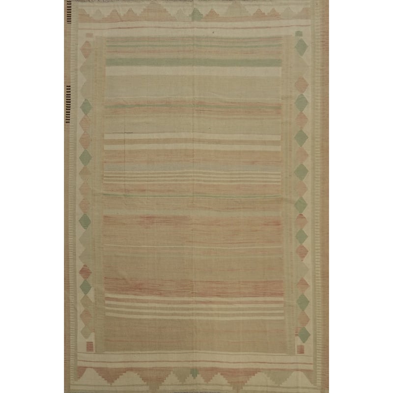 Hand Woven Oriental 100% Wool Carpet Southwestern Tribal Beige & Ivories Kilim Area Rug - 12' 8'' X 10' 2''