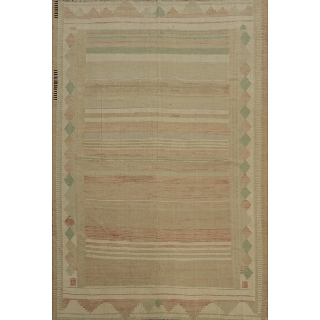 Hand Woven Oriental 100% Wool Carpet Southwestern Tribal Beige & Ivories Kilim Area Rug - 12' 8'' X 10' 2''