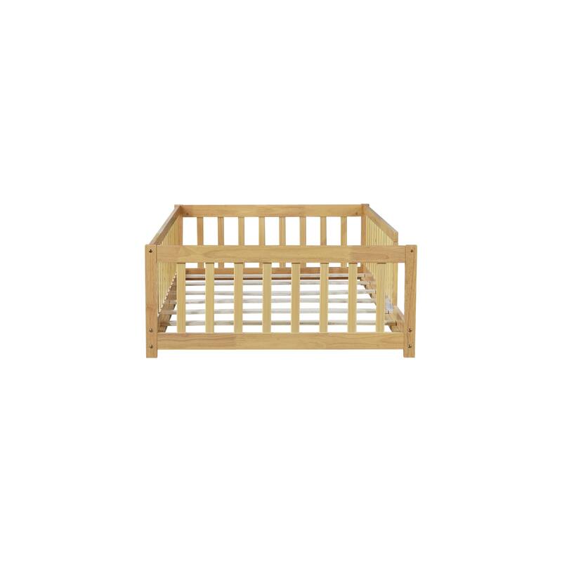 Roomfitters Twin Size Floor Bed with Surround Fence, Rubber Wood Floor Platform Bed with Safety Guardrails and Slats, Natural