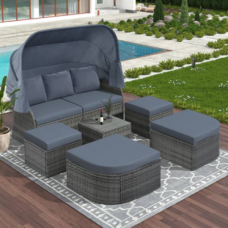 6 Piece Patio Sectional Conversation Set Outdoor Rattan Daybed Rectangle Sunbed with Retractable Canopy and Storage Coffee Table