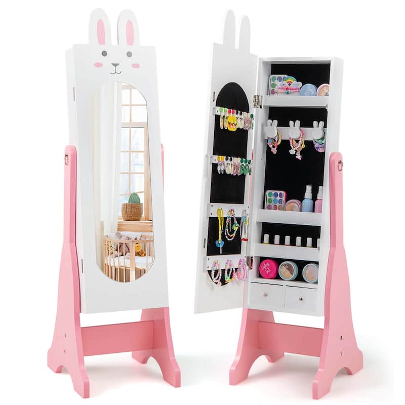 Costway Kids Jewelry Cabinet Standing Children Jewelry Organizer with - See Details - White
