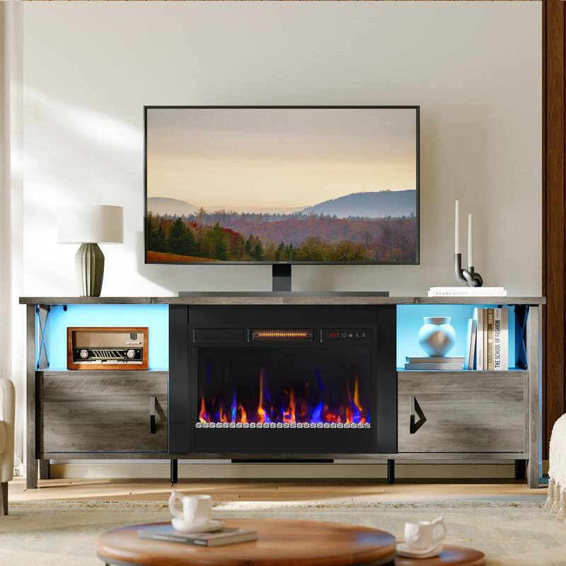 Bestier 63" TV Stand, LED Media Console with Storage, with Electric Fireplace and LED and Adjustable Storage Cabinet