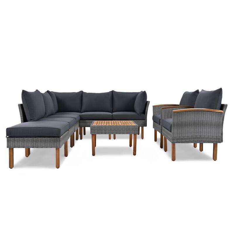 9-Piece PE Rattan Sectional Set with Acacia Legs & Coffee Table
