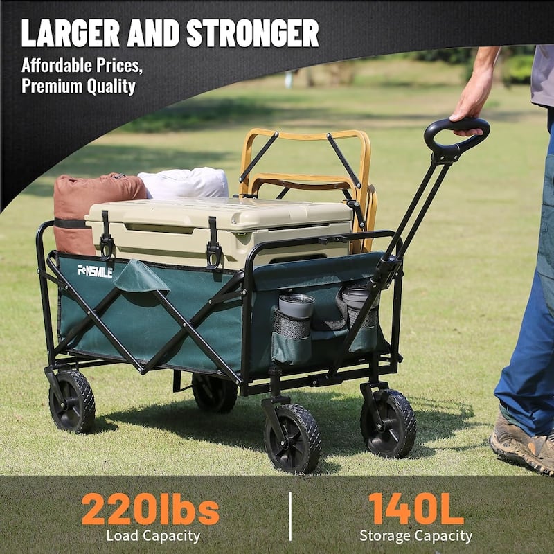 Heavy-Duty Collapsible Folding Wagon - 220lb Capacity All-Terrain Utility Cart for Camping & Beach