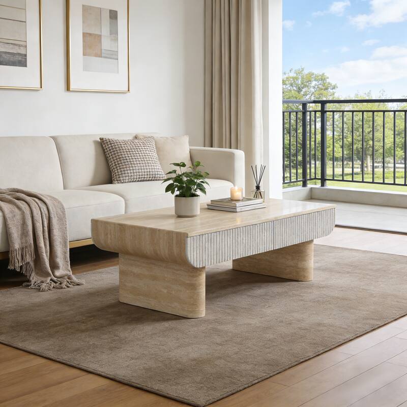 GDFStudio - Mid-Century Modern Coffee Table with Fluted Storage Drawer