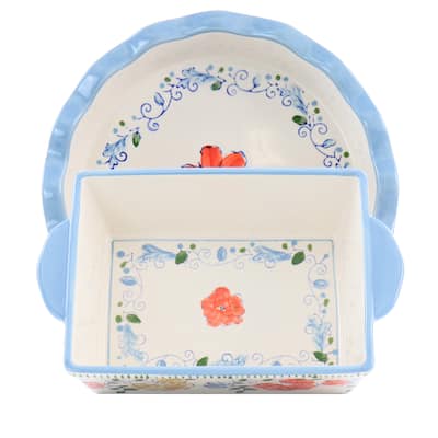 2 Piece Bakeware Set with Hand Painted Designs - 10.5 x 2", 10 x 6"