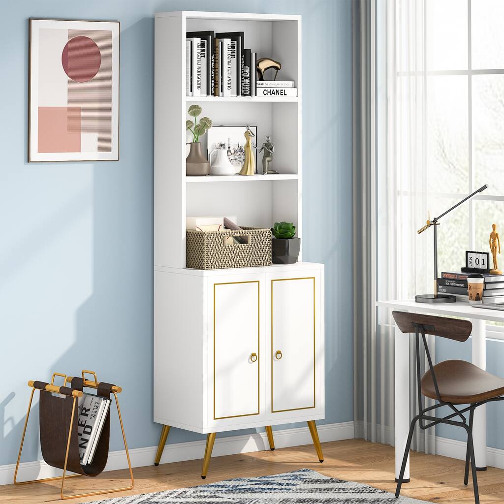 Multiuse 2-Door Bookshelf Bookcase with Storage Cabinet and Open Storage Shelves for Office, Dining Room, Living Room