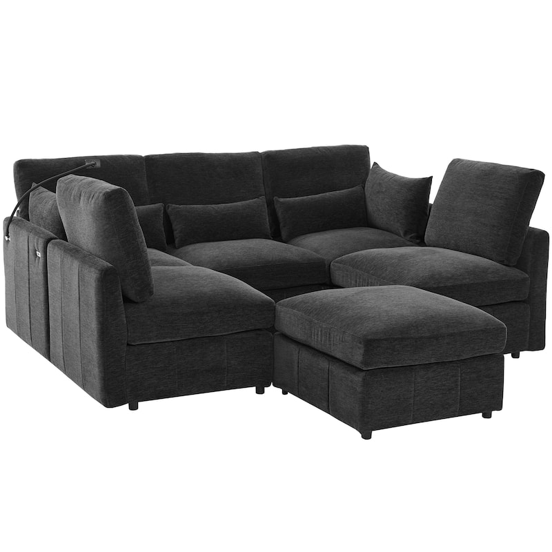 Modular Sectional Sofa with Movable Ottoman Convertible L-Shape or U-Shape Sofa Bed Built-in USB Charging Ports and Phone Holder