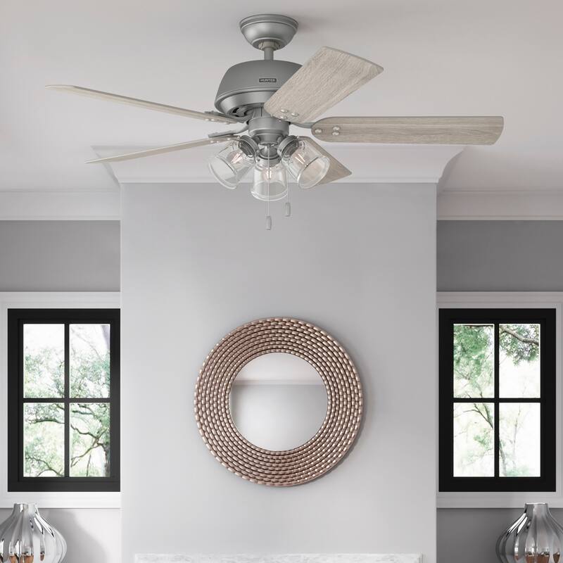 Hunter 52" Shady Grove Ceiling Fan with LED Light Kit/ Pull Chain, Standard or Flush Mount - Casual, Transitional - Standard - Matte Silver