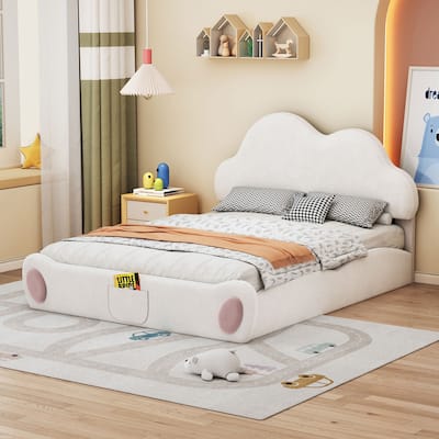 Roomfitters Queen Size Upholstered Platform Bed with Cloud-shaped Headboard and Rounded Footboard for Elegant Storage Solutions