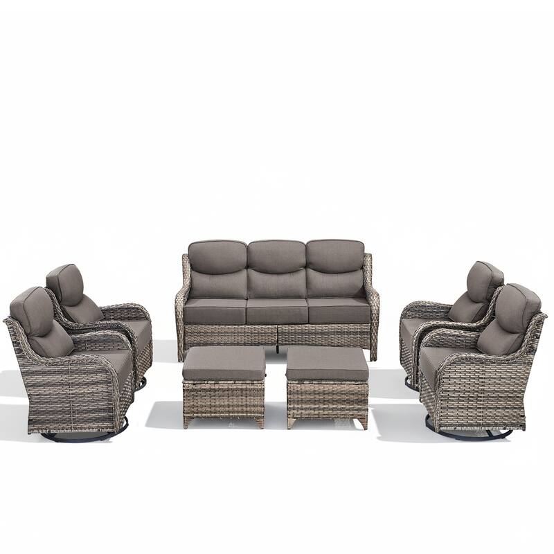 Arcadia 7-Piece Wicker Patio Conversation Set with Swivel Gliders and 6-Inch Thick Olefin Cushions