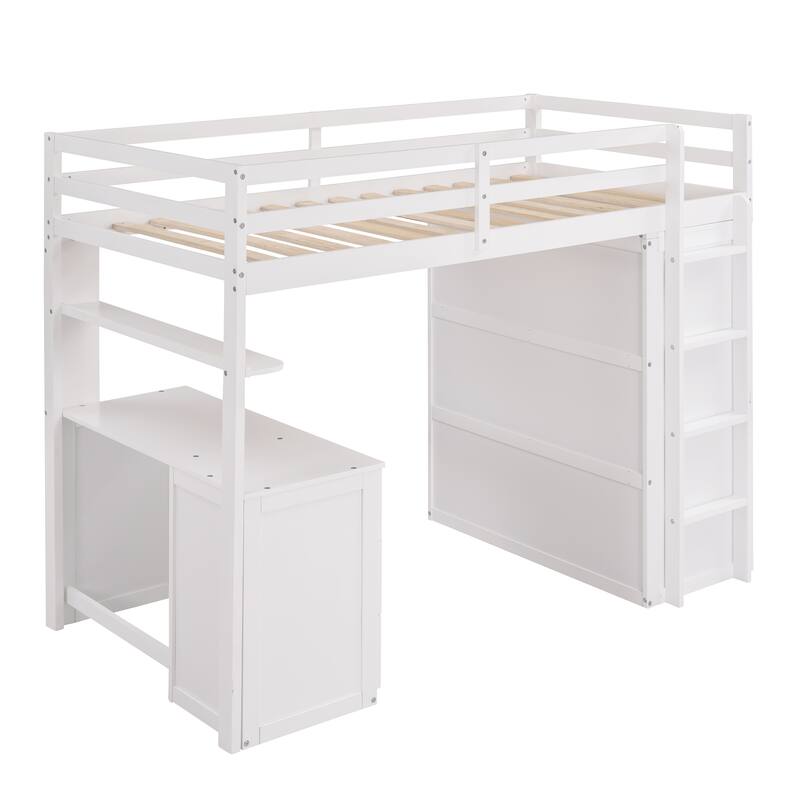 Space-Saving Twin Loft Bed with Desk, Wardrobe & Drawers in White