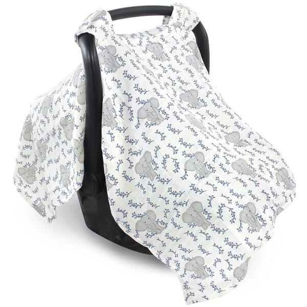 slide 1 of 1, Touched by Nature Baby Unisex Organic Muslin Car Seat Canopy, Blue Elephant, One Size - Blue Elephant Blue Elephant