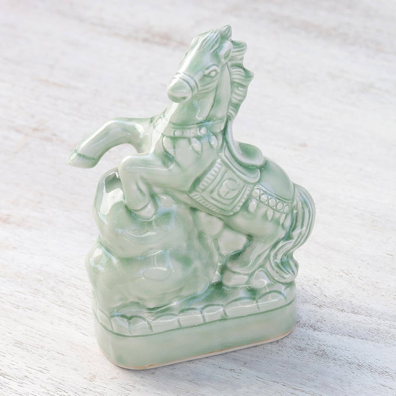 Novica Handmade Lucky Horse Celadon Ceramic Sculpture