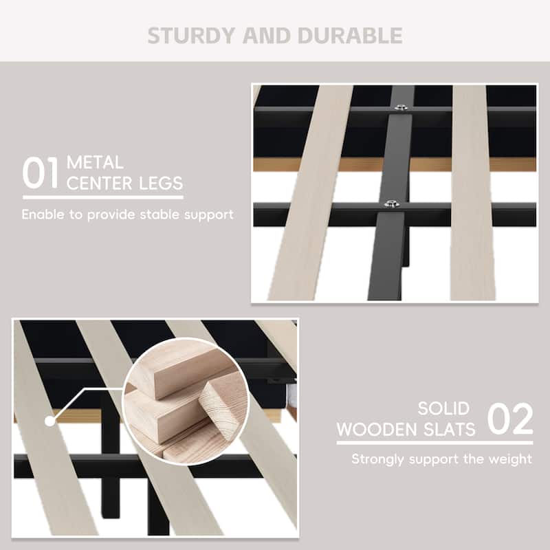 Roomfitters Queen Size Upholstered Platform Bed Frame, Modern Panel Headboard with Rounded Corners, Solid Wood Slats