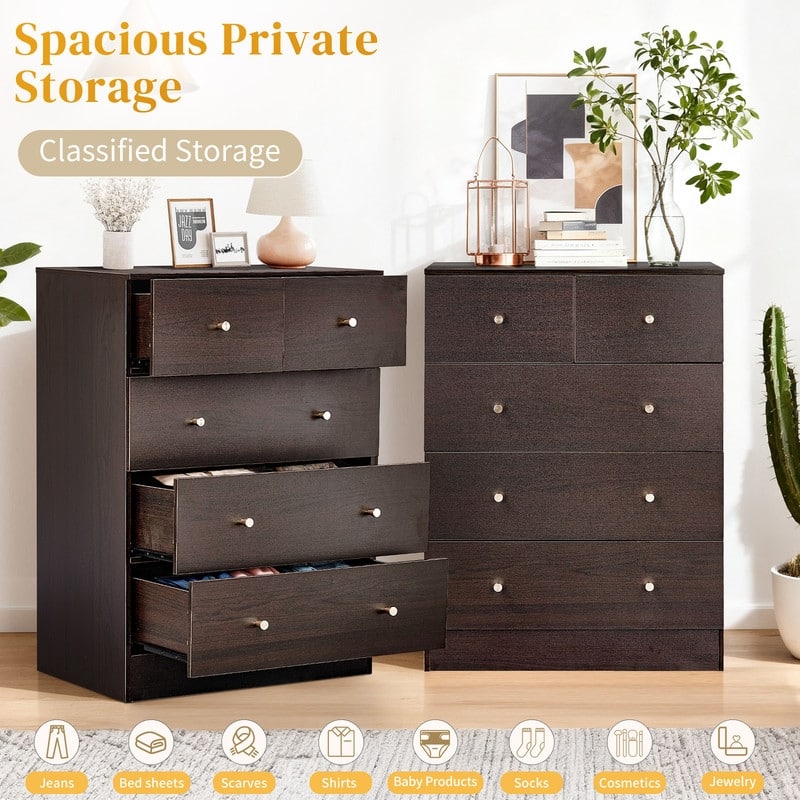 5-Drawer Dresser For Bedroom And Chest Of Drawers With Sturdy Construction Wood Storage Organizer For Closet
