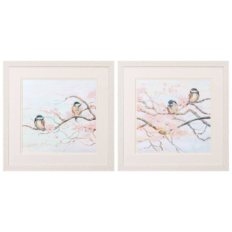 HomeRoots Set Of Two Spring Branch Birds Distressed White Framed Wall Art